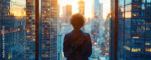 Person looking out the window of a high-rise office building, visualizing future possibilities