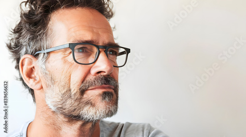 middle aged man with a thoughtful and contemplative look on white backdrop. generative ai