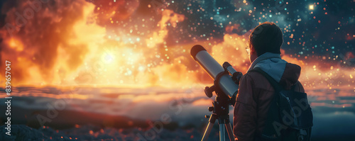 Pulsar Observer, telescope, male astronomer, observing quasars in far galaxies, starry night, photography, golden hour lighting