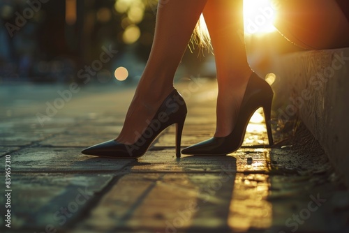 A close-up shot of a woman's legs wearing high heels on a sidewalk
