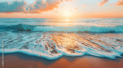 Sun sets over the ocean as waves crash on the beach