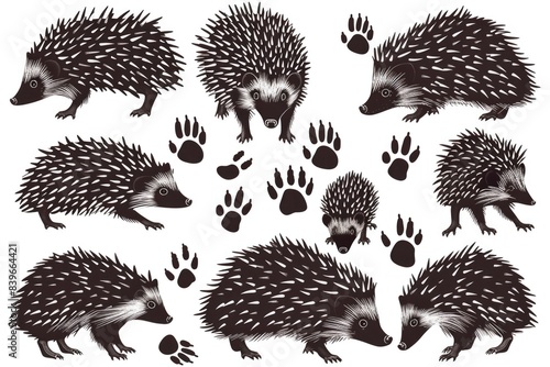 A group of hedgehogs with distinctive paw prints on a white background, great for nature or animal-related themes