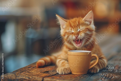 A lazy cat stretches and yawns while sitting on a table next to a cup of coffee