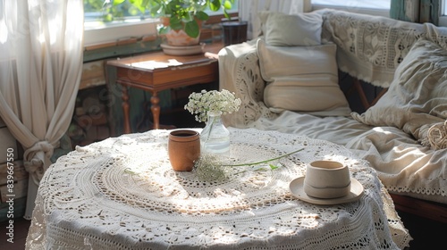 vintage home decor, crochet doilies handcrafted and scattered on a lace tablecloth, evoking a charming cottagecore atmosphere in the room