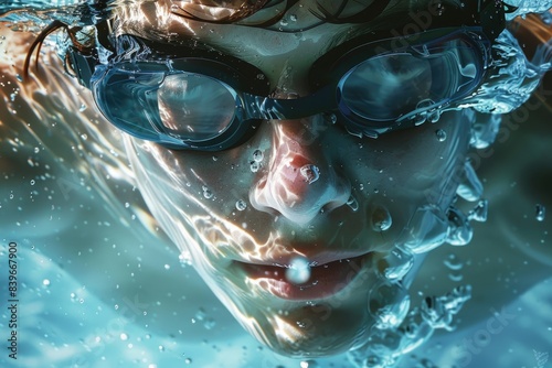 A person wearing goggles and swimming or snorkeling in the water, possibly for scuba diving or exploring marine life