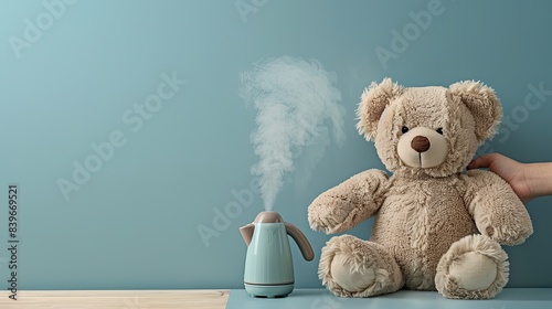 woman Cleaning a teddy bear with hot steam with a steam generator on a toy. green wall Generative AI