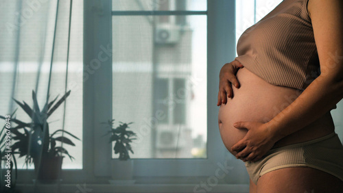 A pregnant woman in a beige top, gently touching her belly, stands in front of a window with a translucent curtain. There are potted plants on the windowsill, with a blurred cityscape in background.