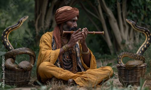 Snake charmer playing flute with two cobras in baskets. Traditional and exotic performance concept.