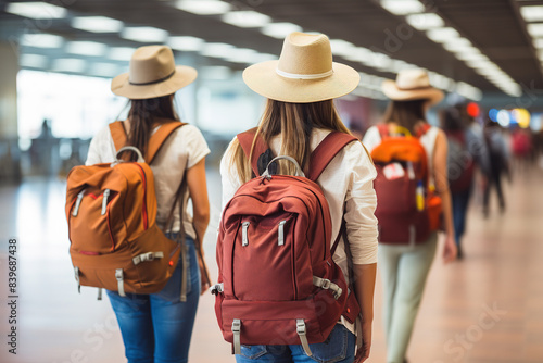 Group of women travelling friends with backpacks walking through an airport terminal on holiday.