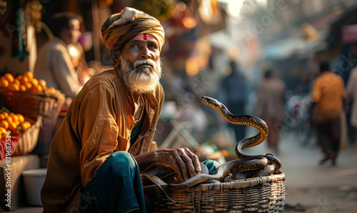 Snake charmer with a cobra in a street market. Traditional culture and street performance concept.