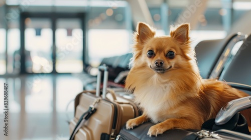 Pomeranian dog waits patiently by luggage at airport, eagerly anticipating flight departure