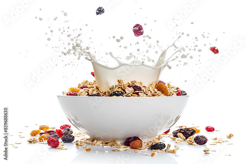 muesli with dried fruits and milk, on a white background