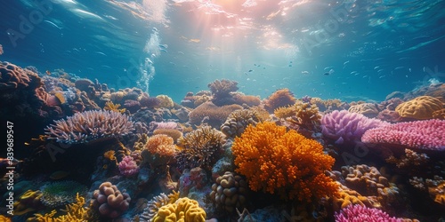 Sunlight illuminates a coral reef ecosystem underwater