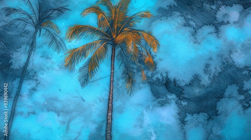  Two palm trees against blue sky with clouds in fg and bg