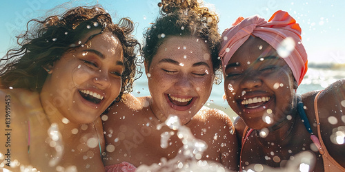 Bright and confident, three different women happily splash in the ocean waves, embrace body positivity and show off their curves on a sunny beach day.