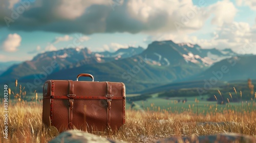 Travel concept with a suitcase in a field and blurred mountains in the background, featuring copy space for marketing. Ideal for vacation and adventure visuals