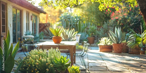 a sunny day photo of a beautiful green southern california yard with native plants, succulents and environmentally conscious gardening