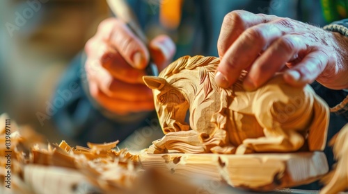 Close-up of the carver's hands creating a horse figure from a wooden piece.