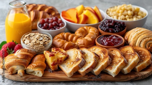  A wooden platter brimming with croissants, breads, fruits, and other delectables