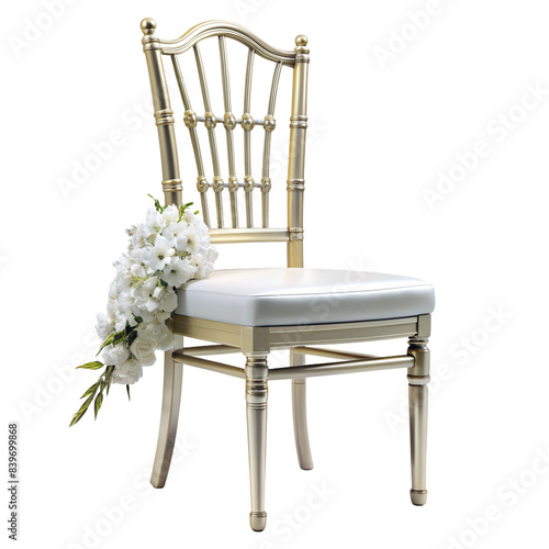 Elegant Gold Wedding Chair with White Floral Arrangement, Perfect for Luxurious Event Decor, cut out isolated PNG transparent