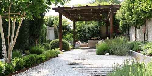 mediterranean garden with pergola. white gravel