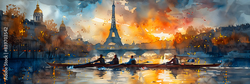 Watercolor painting of a rowing team on the Seine River with the Eiffel Tower and Parisian sunset backdrop, depicting Olympic spirit, banner with copy space