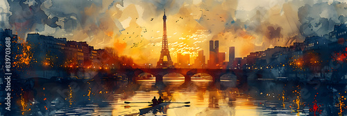 Watercolor painting of a rowing team on the Seine River with the Eiffel Tower and Parisian sunset backdrop, depicting Olympic spirit, banner with copy space