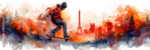 Dynamic watercolor image of a skateboarder performing a trick with the Eiffel Tower in the background, representing the Olympic Games in Paris, banner with copy space