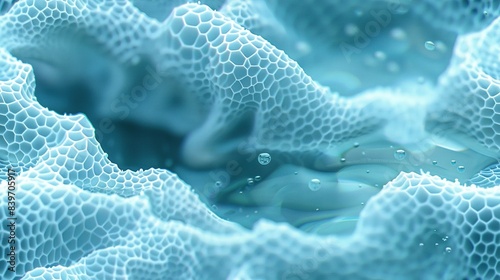  A detailed image of blue liquid with water droplets and air bubbles on its surface