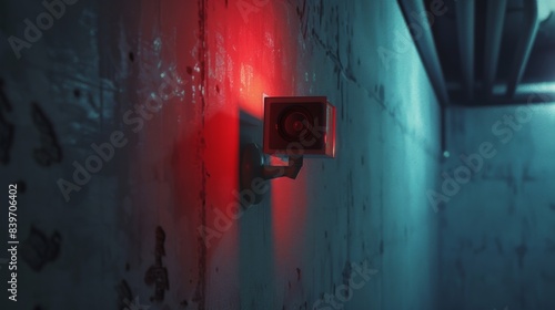 in art of A web camera with a blinking red light sits perched on a corner of the wall silently recording the movements of visitors 