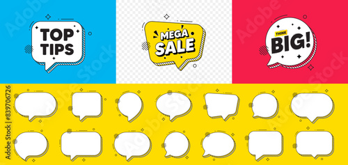 Top tips tag. Mega sale chat speech bubble. Education faq sign. Best help assistance. Top tips chat message. Think big speech bubble banner. Offer text balloon. Vector