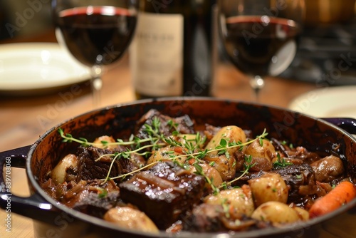 Beef in a casserole with red wine sauce