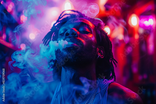A black man with dreadlocks smokes and blows thick smoke in the blue pink neon evening light