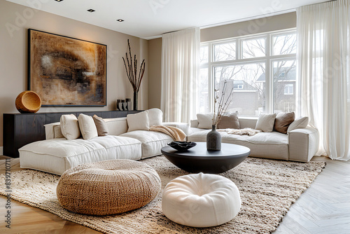 Wicker and fabric pouf near white corner sofa. Minimalist interior design of modern living room.