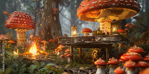 Mushroom Forest Hideaway: A rustic desk tucked away among a dense forest of mushrooms, with flickering lanterns and a warm campfire.