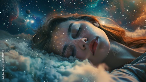 A close-up image of a Caucasian woman lying down to sleep on a galaxy-like sea, which acts as a fluffy, soft pillow under the bright sky of the universe