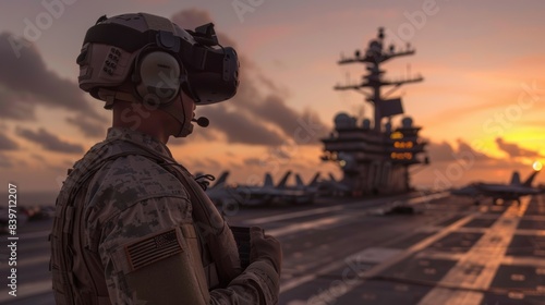 A man in a military uniform stands on a runway looking out over the ocean, profession military drone operator