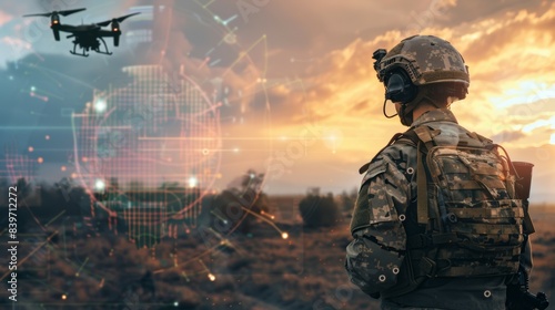 A man in a military uniform is standing in a field with a drone flying overhead, profession military drone operator