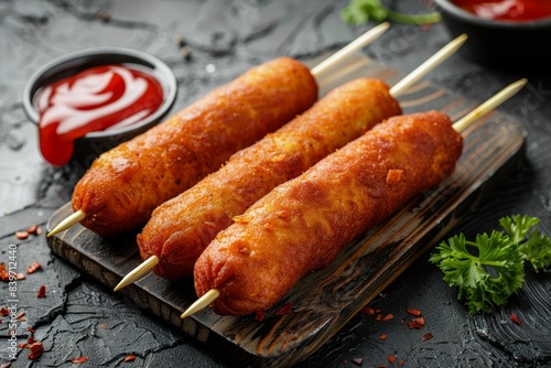 Corn dog on stick traditional American street food deep fried hotdog coated in cornmeal batter Unhealthy snack on table