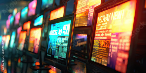 The Digital Dawn Chorus: A row of blinking computer monitors, displaying news headlines in vivid colors.