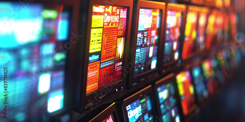 The Digital Dawn Chorus: A row of blinking computer monitors, displaying news headlines in vivid colors.