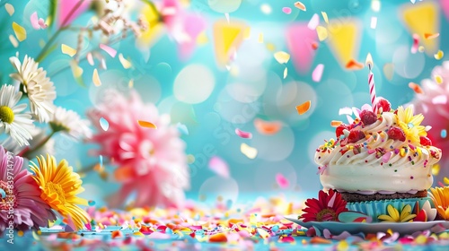Cheerful birthday blossoms, joyous birthday dessert, vibrant birthday pennant, jubilant birthday message