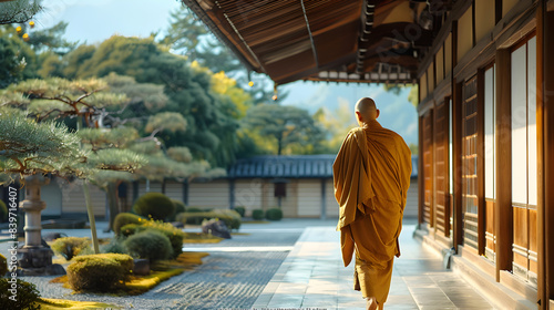A glimpse into a traditional monastery with monks practicing mindfulness and silent contemplation in. Traditional monastery, monks, practicing, mindfulness, silent contemplation, spirituality 