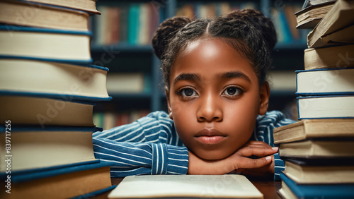 Portrait of sad African American girl, between stacks of books on desk