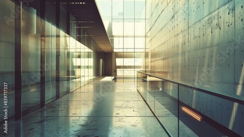 Sleek glass partitions separating distinct exhibition spaces while maintaining openness. 