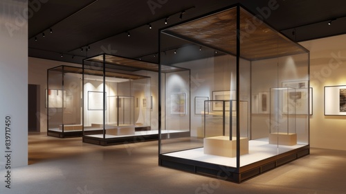 Sleek glass partitions separating distinct exhibition spaces while maintaining openness. 