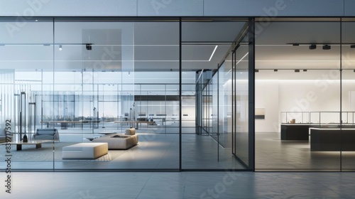 Sleek glass partitions separating distinct exhibition spaces while maintaining a sense of openness and flow. 