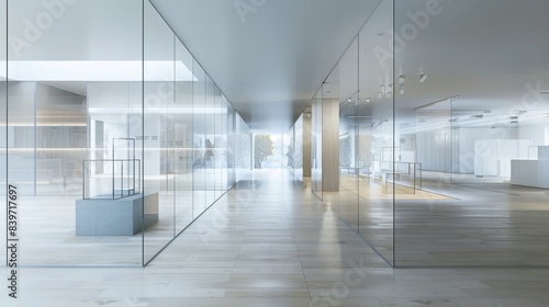 Sleek glass partitions separating distinct exhibition spaces while maintaining a sense of openness and flow. 