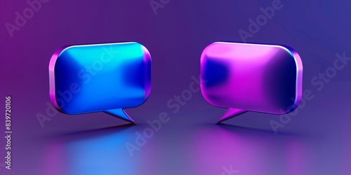 Neon-colored 3D speech bubbles in blue and purple on a gradient purple background, symbolizing digital communication and conversation. Concept of modern chatting, online messaging, and social media in