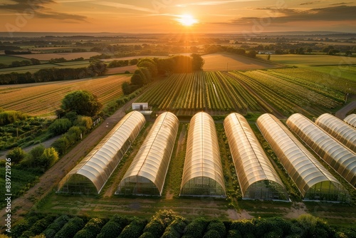 Golden sunset light on greenhouses in lush farming fields for all weather vegetable and fruit growth in English countryside